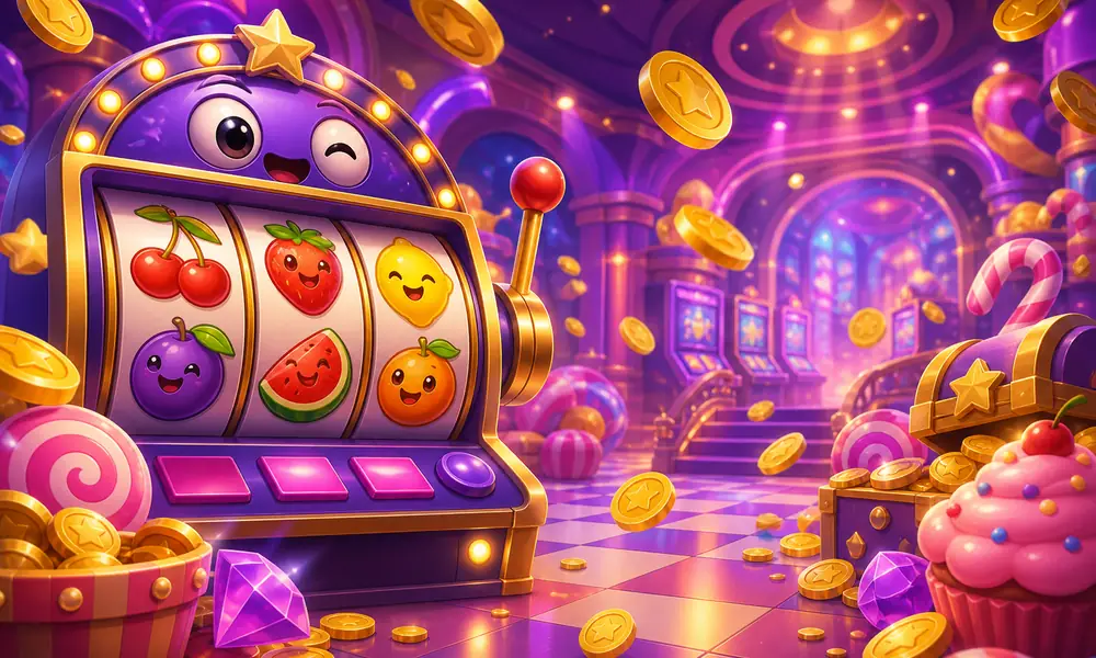Cartoon slot machine and coins illustration