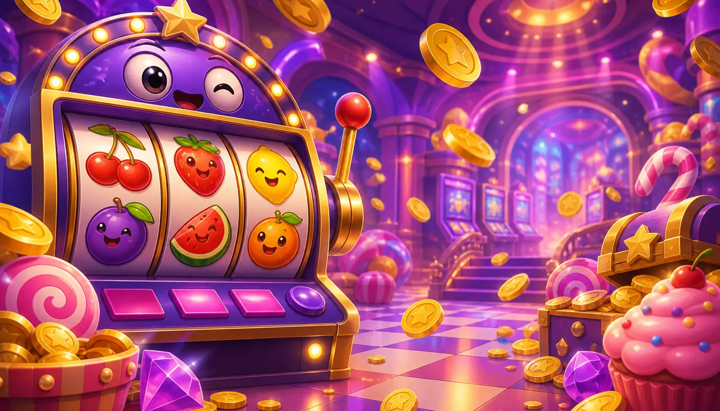 Colourful social casino atmosphere with neon lights and game energy